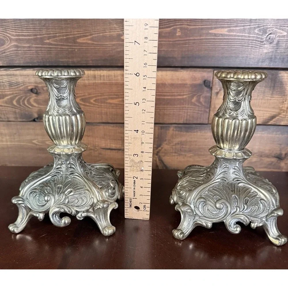 Vintage Pair Ornate Silver Plated Candlestick Holders - Baroque/Victorian Style